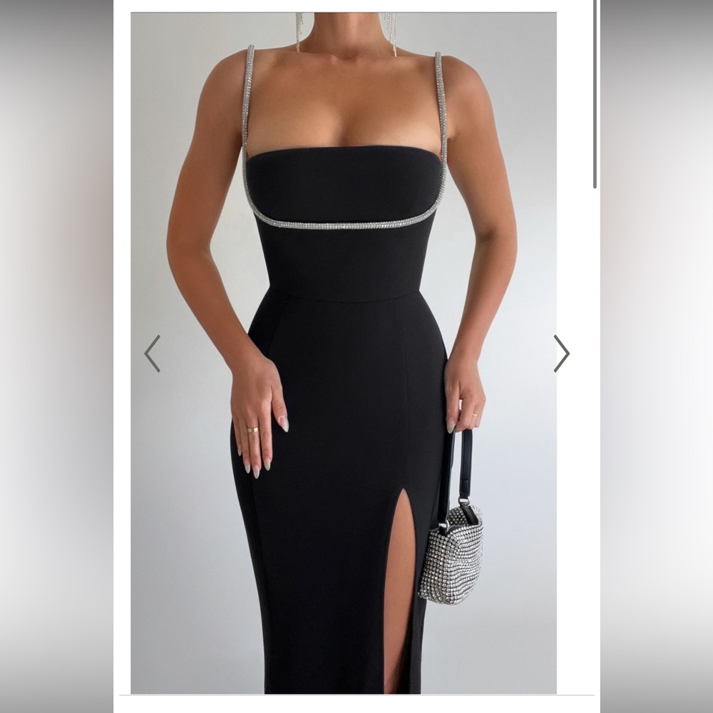 SHARLEY MIDI DRESS - DIAMANTE DETAIL PENCIL DRESS IN BLACK